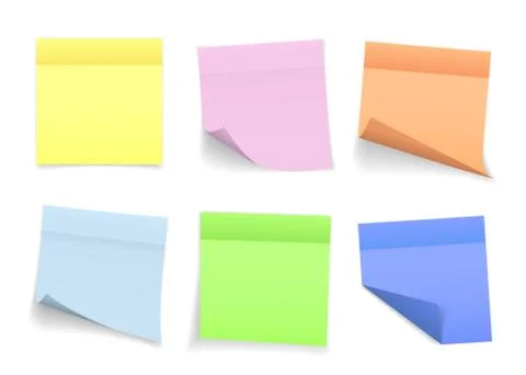 Collection of different colored sheets of note papers with curled corner and  Stock Illustration