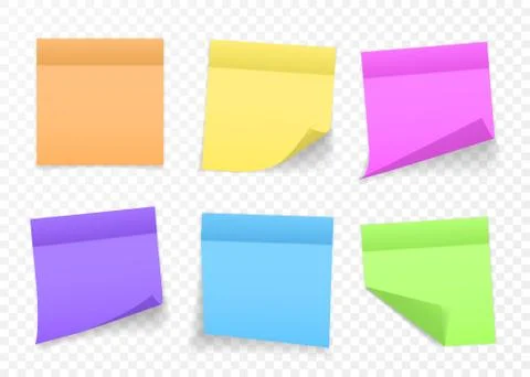 Collection of different colored sheets of note papers with curled corner and  Illustrazione stock