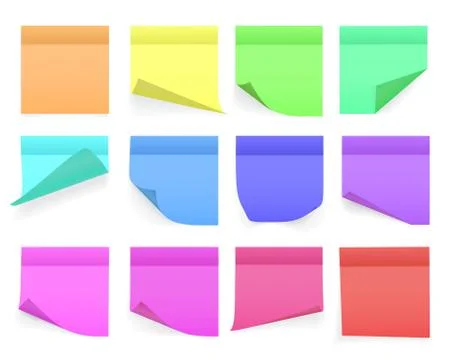 Collection of different colored sheets of note papers with curled corner and  Stock Illustration