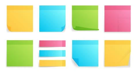 Collection of different colored sheets of note papers with curled corner, rea Illustrazione stock
