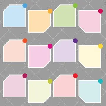 Collection of different colored sheets of note papers with curled corner and Illustrazione stock