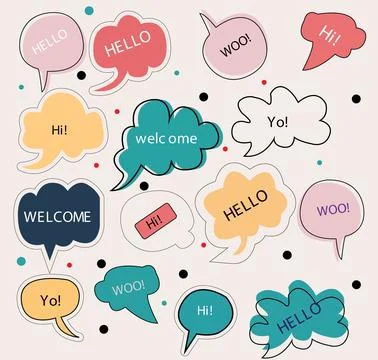 A collection of different colored speech bubbles with the word hello on them. Stock Illustration
