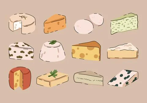 Collection of different delicious cheeses. Stock Illustration
