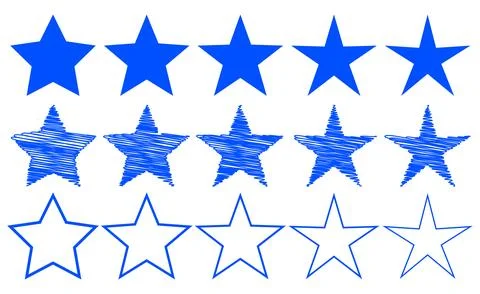 Collection of different of five pointed blue stars vector solid scribble Stock Illustration