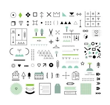 Collection of different  geometric shapes, decor elements, business icons and Stock Illustration