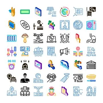 Collection of different isometric and doodle line icons Stock Illustration