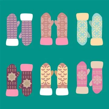 Collection of different knitted  winter mittens with snowflakes patterns Stock Illustration