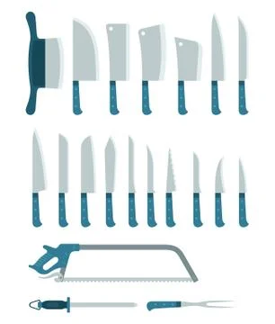 Collection of different knives, saws, hatchets for chopping food llustration in Stock Illustration