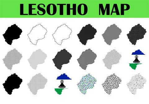 Collection of different map designs of Lesotho in various styles showcasing.. Stock Illustration