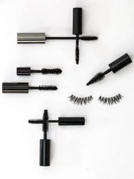 Collection of different mascara brushes on a white background Stock Photos