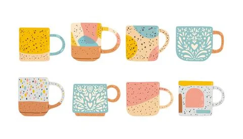 Collection of different modern cups decorated with design elements vector flat イラスト素材