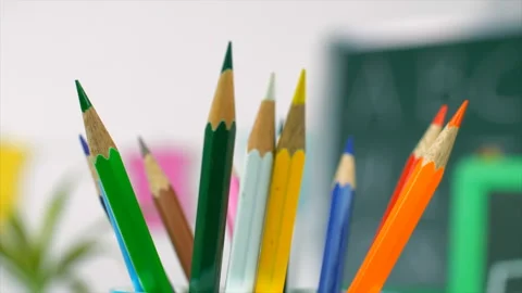 A collection of different multicolored school pencils used in drawing and col... Stock Footage 132769821