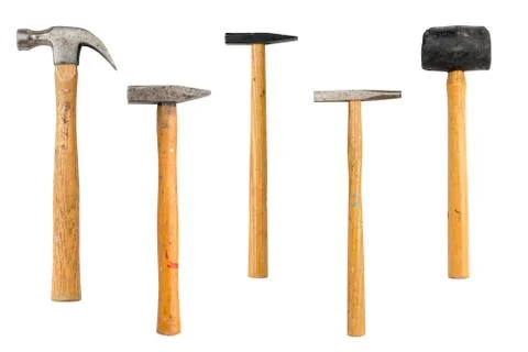 Collection of different old hammers, isolated on white Stock Photos