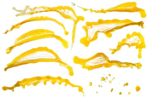 Collection of different orange juice splashes isolated on white background. Stock Photos