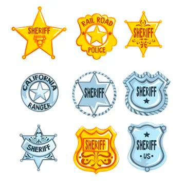 Collection of different sheriff, railroad police and rangers badges. Cop s Stock Illustration
