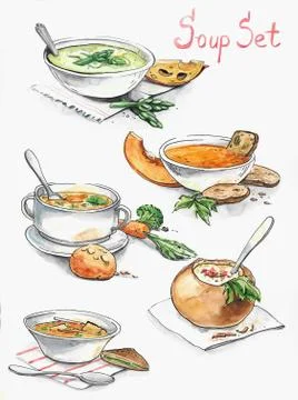 Collection of different soups - cheese, pumpkin, bacon, potato Stock Illustration