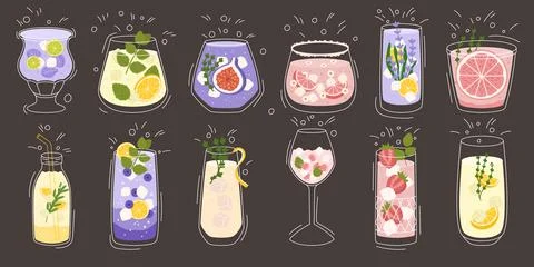 Collection with different taste lemonade and various of glasses shapes. Lemon Stock Illustration