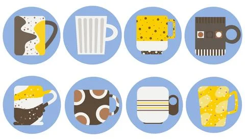 Collection of different tea coffee mugs and cups. Stock Illustration