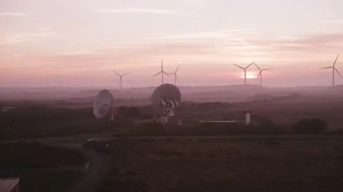 A collection of different technologies, wind turbines, satellites and roof Stock Footage 130718362