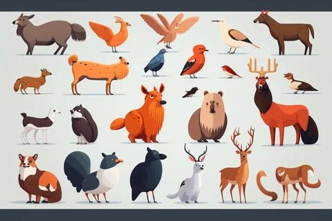 A collection of different types of animals and birds in different colors an.. Stock Illustration