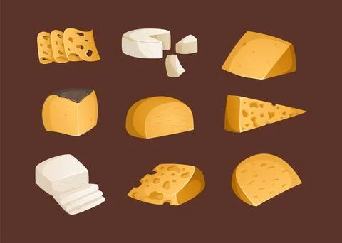 Collection of different types of cheeses on a brown background. Vector illust Stock Illustration