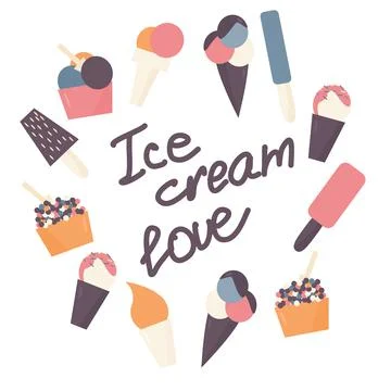 Collection with different types of ice cream text Stock Illustration