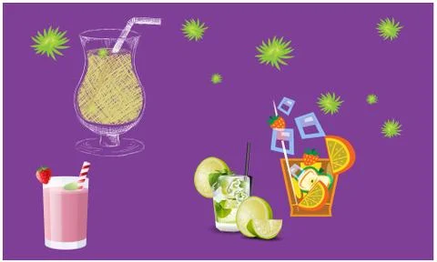 Collection of different types of juice on abstract background Illustrazione stock