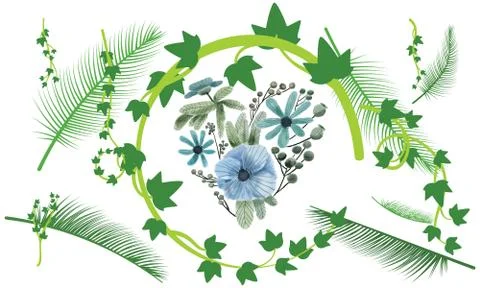 Collection of different types of leaves with heart shape and circle background Illustrazione stock