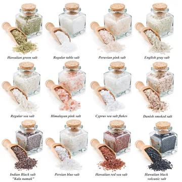 Collection of different types of salt isolated on white Stock Photos