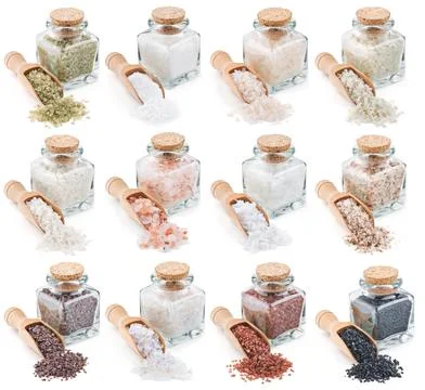 Collection of different types of salt isolated on white Stock Photos