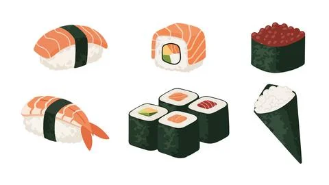 A collection of different types of sushi pieces arranged bundle design Stock Illustration