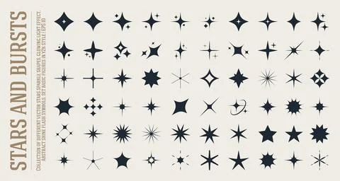 Collection of different vector sparkling stars, abstract shining flash symb.. Stock Illustration