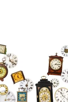 Collection of different vintage table clocks and clock faces Stock Photos