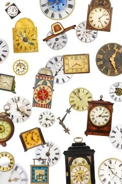 Collection of different vintage table clocks and clock faces Stock Photos