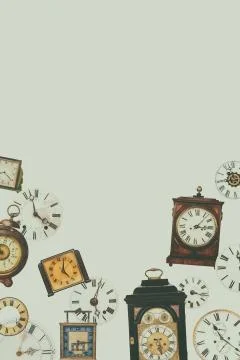 Collection of different vintage table clocks and clock faces Stock Photos