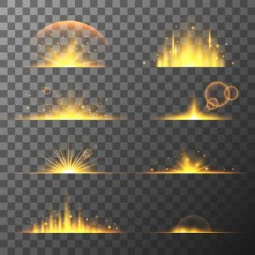 Collection of different yellow flare light effects. Lens flares, rays, stars  Stock Illustration