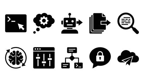 Collection of digital computing and software development icons. Illustrazione stock