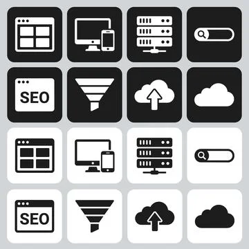 Collection of digital icons representing web development, SEO, cloud comput.. Stock Illustration