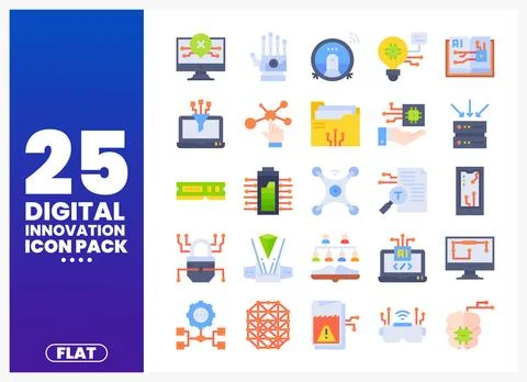 Collection of digital innovation flat icons. representing technology and AI. Illustrazione stock