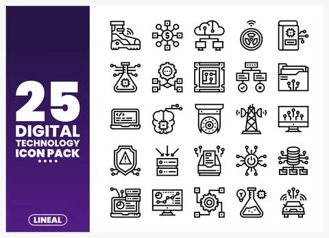 Collection of digital technology icons in a clean. modern line art style. Stock Illustration