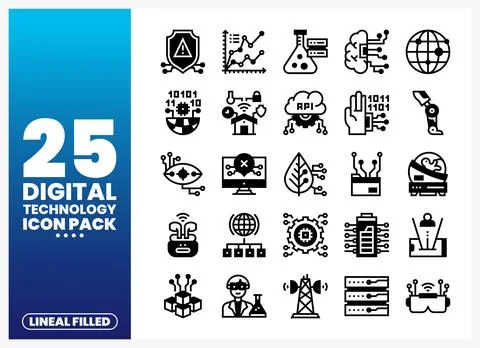 Collection of digital technology lineal filled icons on a gradient blue bac.. Stock Illustration