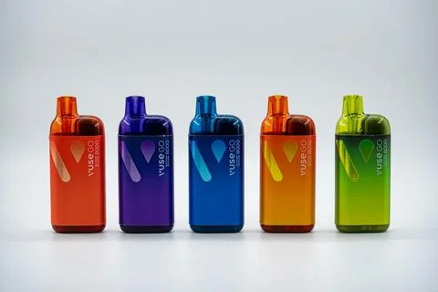 Collection of disposable electronic cigarettes on white background. Toronto, Stock Photos