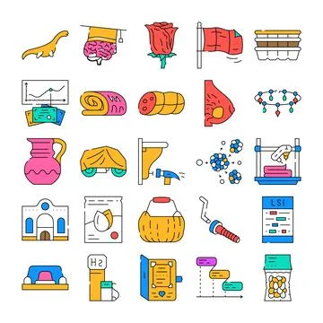 Collection of distinct colored icon designs portraying various concepts Stock Illustration