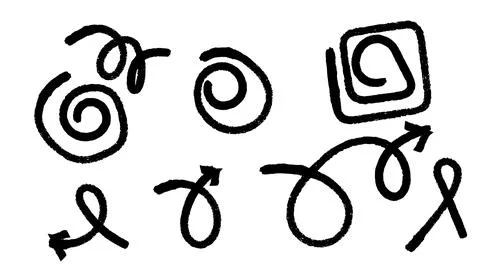 A collection of distressed black hand-drawn spiral shapes and directional a.. 스톡 일러스트