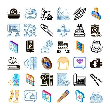 Collection of diverse activity and object isometric icons Ilustração Stock