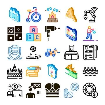 Collection of diverse activity and object isometric icons Illustrazione stock