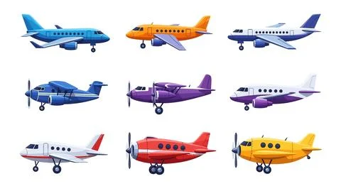 Collection of Diverse Airplanes, Various Types and Colors, Isolated on Whit.. Stock Illustration