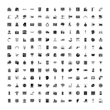 Collection of diverse black and white glyph icons イラスト素材