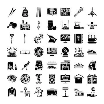 Collection of diverse black and white glyph icons Illustrazione stock
