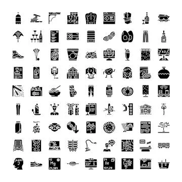 Collection of diverse black and white glyph icons Stock Illustration